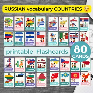 May include: A set of 80 printable flashcards featuring colorful illustrations of countries around the world. Each card includes a simplified map of the country, a flag, and a small cartoon person wearing traditional clothing. The cards are labeled with the country's name in Russian.