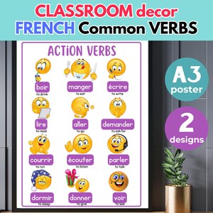 May include: A classroom decor poster featuring French common verbs with emoji illustrations. The poster includes verbs like "boir" (to drink), "manger" (to eat), and "écrire" (to write). The poster is labeled "A3 poster" and has "2 designs".