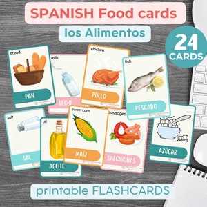 Espanhol Comida Flashcards Bilíngue Espanhol Inglês Flashcards aprendizagem de línguas Montessori Homeschooling Espanhol Material didático