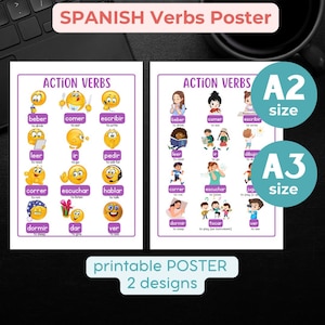 Conjugación de verbos en español POSTERS Actividades diarias Verbos Pósteres bilingües inglés español Descarga digital aprendizaje de idiomas Montessori