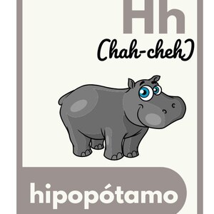 Peut inclure: Une carte m&eacute;moire d'alphabet grise avec la lettre H en gros caract&egrave;res noirs et gras. La lettre se prononce "Chah-cheh". Sous la lettre se trouve une image de dessin anim&eacute; d'un hippopotame gris aux yeux bleus. Le mot "hipop&oacute;tamo" est &eacute;crit en noir sous l'image.