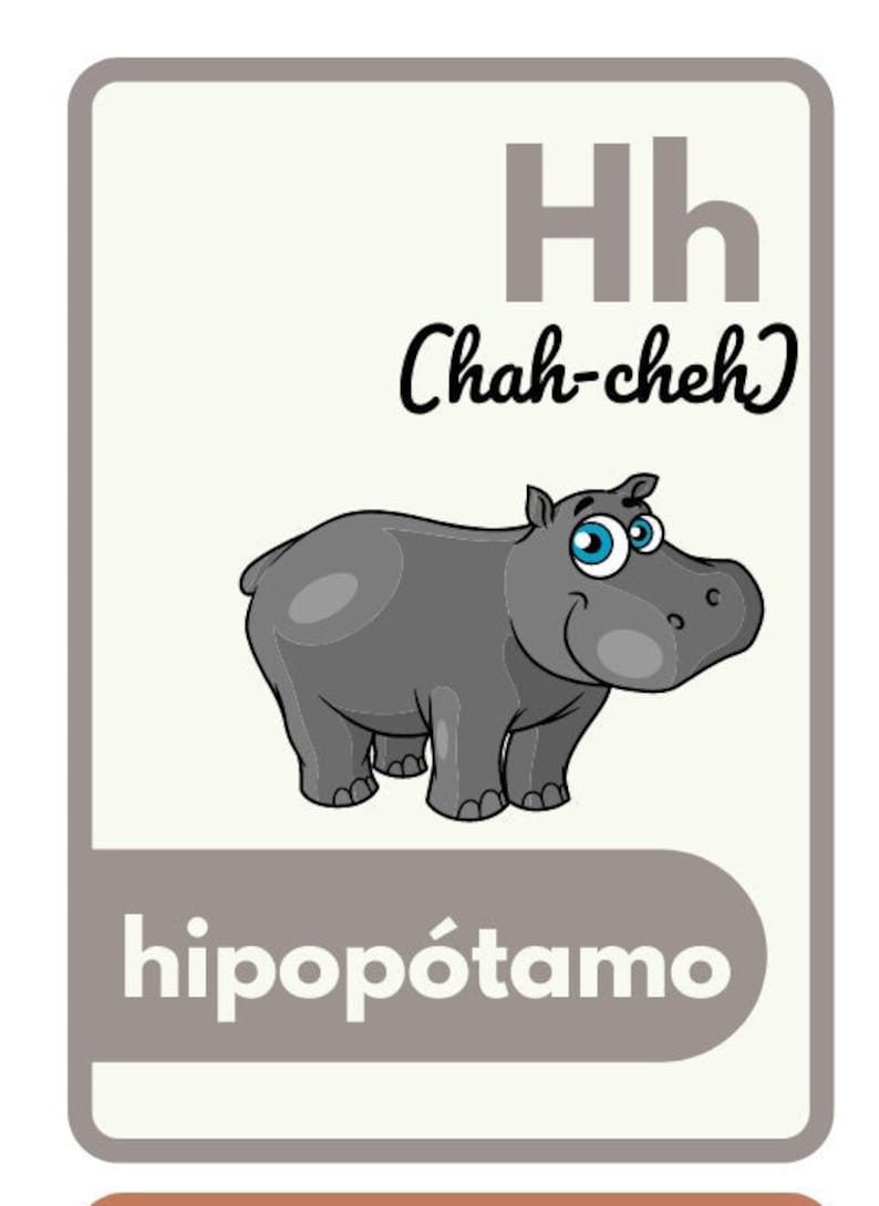 Peut inclure: Une carte m&eacute;moire d'alphabet grise avec la lettre H en gros caract&egrave;res noirs et gras. La lettre se prononce "Chah-cheh". Sous la lettre se trouve une image de dessin anim&eacute; d'un hippopotame gris aux yeux bleus. Le mot "hipop&oacute;tamo" est &eacute;crit en noir sous l'image.