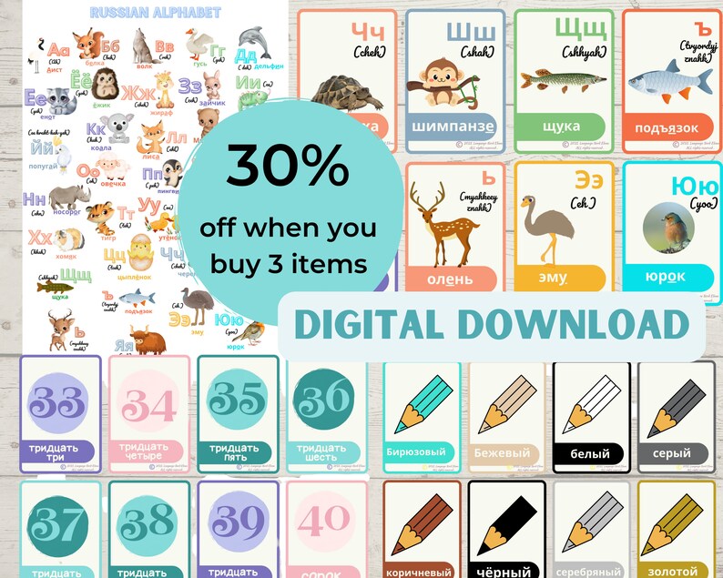 RUSSIAN ALPHABET Flashcards in 2 Colour Designs Russian Alphabet With ...