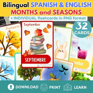 Learn SPANISH Months Vocabulary BASICS flashcards Spanish Educational Printable Flashcards for Children Adults Essential Spanish beginners