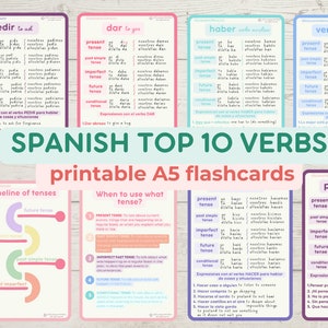SPANISH Grammar BASICS bundle A5 flashcards | Spanish Top 10 common VERBS | Spanish Educational Printable Flashcards
