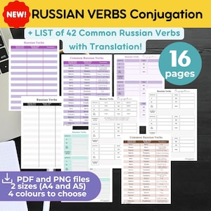 May include: A printable worksheet for learning Russian verb conjugation. The worksheet includes a list of 42 common Russian verbs with their English translations. The worksheet is available in two sizes (A4 and A5) and four colors. The text on the worksheet reads "NEW! RUSSIAN VERBS Conjugation + LIST of 42 Common Russian Verbs with Translation! 16 pages".