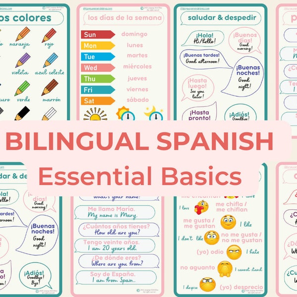 Bilingual SPANISH BASICS BUNDLE flashcards | Spanish Educational Printable Flashcards