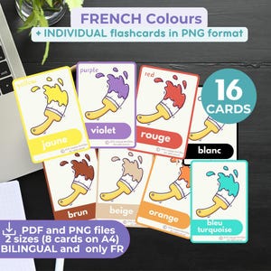 Homeschooling FRENCH COLORS language-learning flashcards French and English Language Educational Printable Teaching Learning material