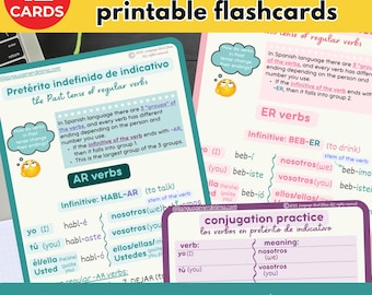 Conjugating SPANISH Grammar Basics bundle A5 flashcards Spanish PAST Tense VERBS Spanish Educational Printable Flashcards Spanish hacks