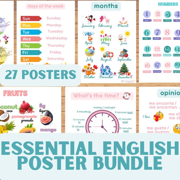 ENGLISH BASICS Posters - ENGLISH Educational Printable Posters | English-Spanish Educational Posters for Children - Bundle of 26 Prints |