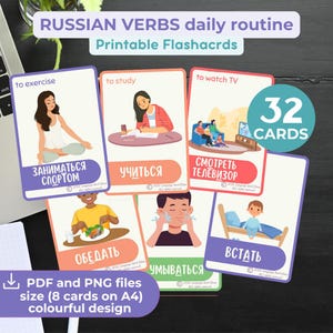 Impara le Flashcard dei Verbi RUSSI Verbi di Routine Quotidiana Flashcards Bilingue Inglese Russo Download Digitale Apprendimento delle Lingue Montessori