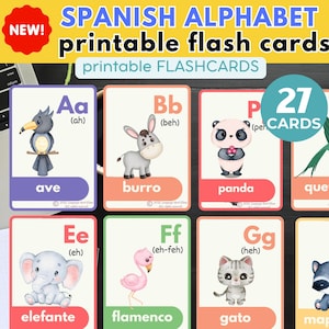 SPANISH ALPHABET flashcards with Watercolour Animals Educational Printable flashcards Preschool Kindergarten Homeschool Montessori