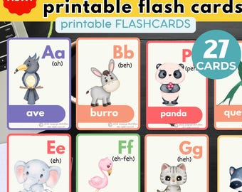 SPANISH ALPHABET flashcards with Watercolour Animals Educational Printable flashcards Preschool Kindergarten Homeschool Montessori