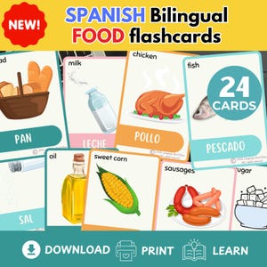 Spanish Food Flashcards Bilingual Spanish English Flashcards language learning Montessori Homeschooling Spanish Teaching material