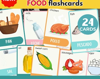 Tarjetas didácticas de comida española Tarjetas didácticas bilingües español-inglés Aprendizaje de idiomas Montessori Educación en casa Material didáctico de español