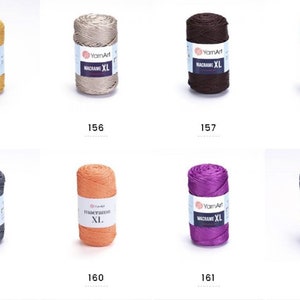 May include: Assortment of ten spools of macrame cord in various colors, including gold, beige, brown, teal, gray, orange, purple, and navy. Each spool is labeled "YarnArt Macrame XL".