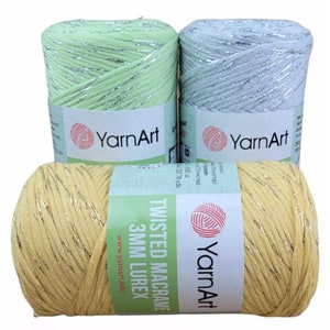 YarnArt Twisted Macrame 3 MM Lurex- Combed Macrame, Glittery Macrame Cord,Metallic Macrame, 78% Cotton Macrame Rope, 8.80 Oz, 207.78 Yds