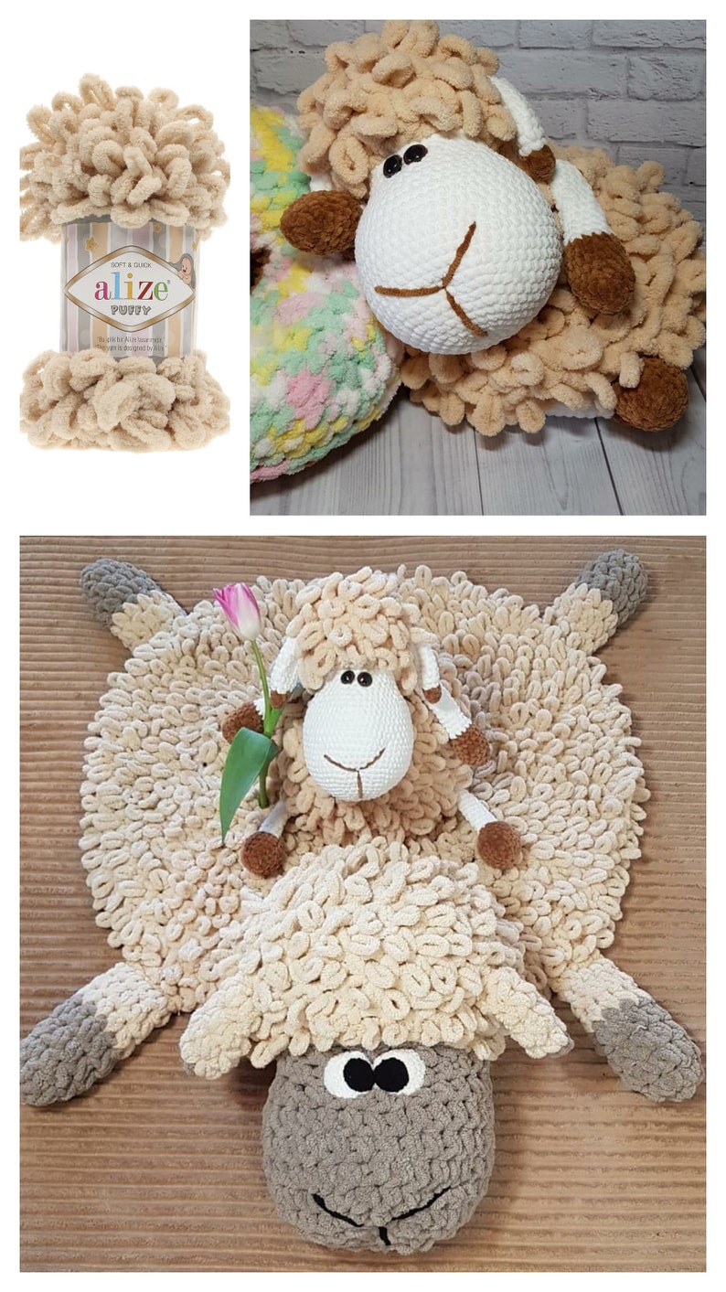 Puede incluir: Una alfombra de oveja tejida a crochet con una oveja tejida a crochet m&aacute;s peque&ntilde;a sentada encima. La alfombra es beige y las ovejas son blancas con detalles marrones. La lana utilizada es Alize Puffy.