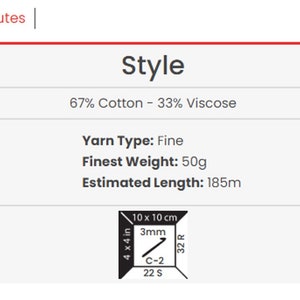 Pode incluir: Um r&oacute;tulo de fio com o texto "Style" e "67% Algod&atilde;o - 33% Viscose". O r&oacute;tulo tamb&eacute;m inclui o tipo de fio, o peso mais fino e o comprimento estimado. O fio &eacute; fino, pesa 50 gramas e tem um comprimento estimado de 185 metros.