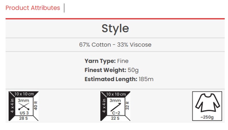 Pode incluir: Um r&oacute;tulo de fio com o texto "Style" e "67% Algod&atilde;o - 33% Viscose". O r&oacute;tulo tamb&eacute;m inclui o tipo de fio, o peso mais fino e o comprimento estimado. O fio &eacute; fino, pesa 50 gramas e tem um comprimento estimado de 185 metros.