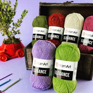 YarnArt Elegance,Glittery Yarn,Metallic Shiny Yarn,Cotton Knitting Yarn,Summer Yarn,Crochet Yarn,Yarnart Eelegance,88% Cotton,1.76 Oz,142Yds