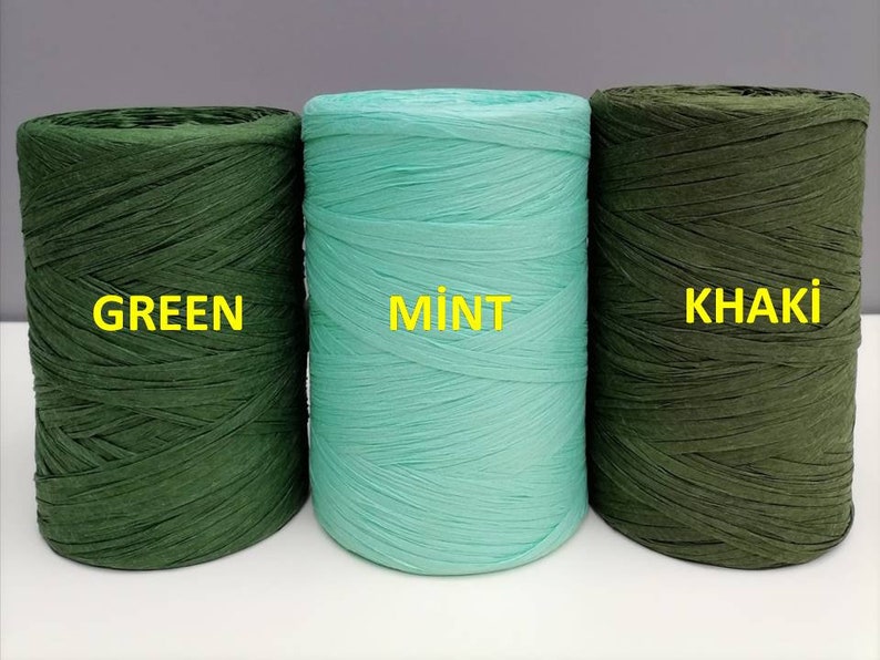 May include: Three spools of paper cord, one green, one mint green, and one khaki. The spools are labeled "GREEN", "MINT", and "KHAKI".