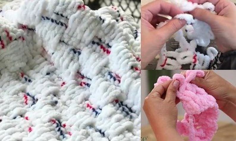 Puede incluir: Primer plano de un hilo blanco, rosa y azul peludo que se teje a crochet en una manta. El hilo es suave y esponjoso, y la manta se est&aacute; haciendo con un punto sencillo.