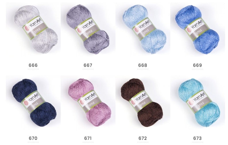 Pode incluir: Conjunto de novelos de fio YarnArt Style em v&aacute;rias cores, incluindo cinza claro, cinza, azul claro, azul, azul marinho, rosa, marrom e turquesa.