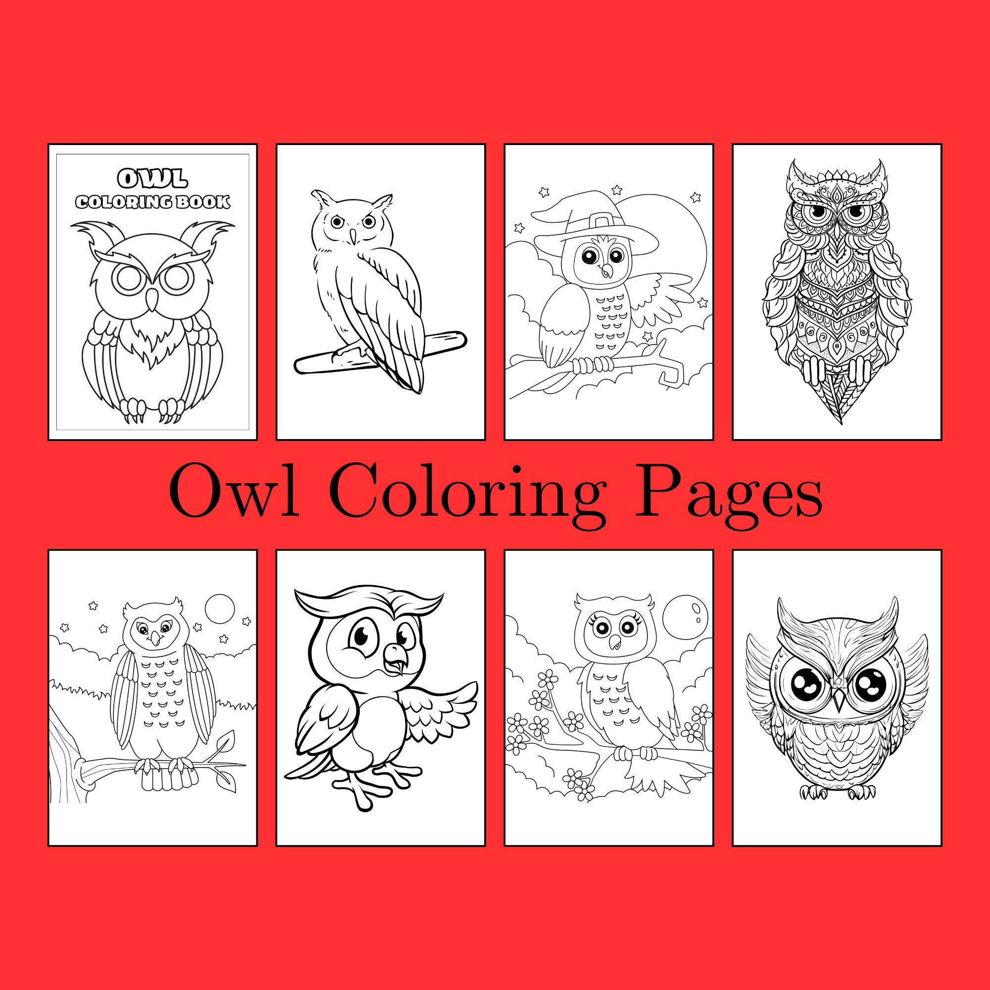 Owl coloring pages, coloring printables for kids and adults, digital coloring pages, cute coloring pages, kids coloring, adult coloring