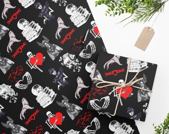 Gothic Rose Wrapping Paper Sheet Black Red Valentines Day 