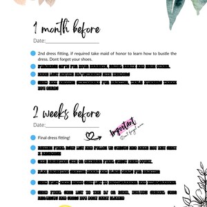 May include: A checklist for wedding planning with a floral design. The checklist includes tasks to be completed one month and two weeks before the wedding. The checklist includes tasks such as dress fittings, ordering invitations, and finalizing details. The checklist also includes a reminder to not forget the mother of the bride.