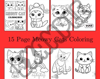 Cat Coloring Pages for Kids: 15 Meowy Illustrations (Digital Download)