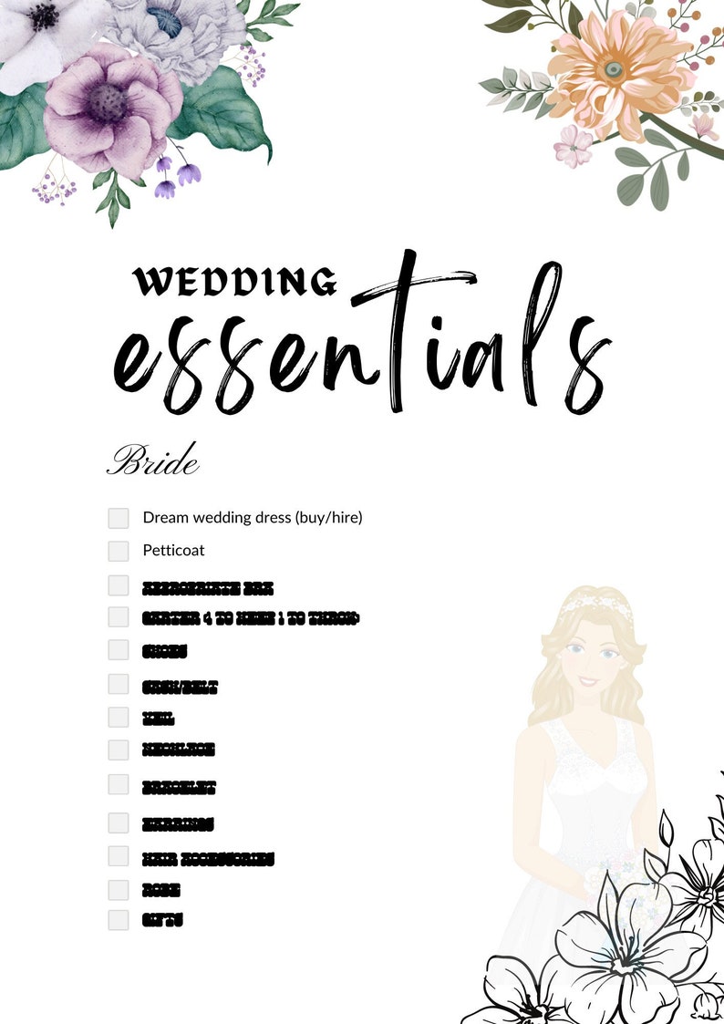 May include: A checklist for a bride to help plan her wedding. The checklist includes items such as a wedding dress, petticoat, and other accessories. The checklist is decorated with floral illustrations.