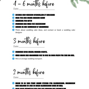 May include: A checklist for wedding planning with a floral design. The checklist includes tasks to be completed 4-6 months, 3 months, and 2 months before the wedding. The checklist includes tasks such as booking a wedding cake designer, arranging wedding transport, and arranging legal documents.