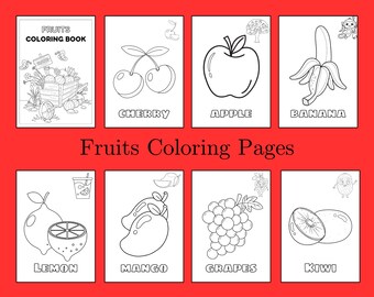 Può includere: Pagine da colorare in bianco e nero con diversi frutti, tra cui una ciliegia, una mela, una banana, un limone, un mango, uva e un kiwi. Ogni pagina ha il nome del frutto scritto sotto. Il titolo "Fruits Coloring Pages" è scritto in grassetto nella parte superiore della pagina.