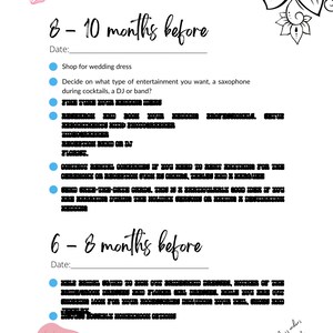 May include: A checklist for wedding planning with a floral design. The checklist includes tasks to be completed 8-10 months and 6-8 months before the wedding. The text includes "Shop for wedding dress", "Decide on what type of entertainment you want, a saxophone during cocktails, a DJ or band?" and "Book your wedding venue".