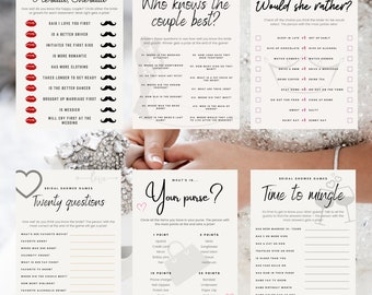 May include: A set of printable bridal shower games with a pink and white color scheme. The games include "He Said, She Said", "Who Knows the Couple Best?", "Would She Rather?", "Twenty Questions", "What's in Your Purse?", and "Time to Mingle".