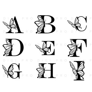 Paquete SVG de monograma de mariposa, SVG de letras del alfabeto para Cricut, archivos artesanales personalizados