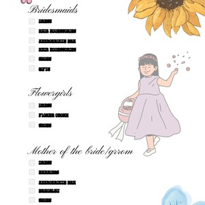 May include: A checklist for a wedding party with the words "Bridesmaids", "Flowergirls", and "Mother of the bride/groom" written in cursive. There are checkboxes next to each role. The image also includes a cartoon illustration of a flower girl in a light purple dress holding a basket of flowers and scattering petals.