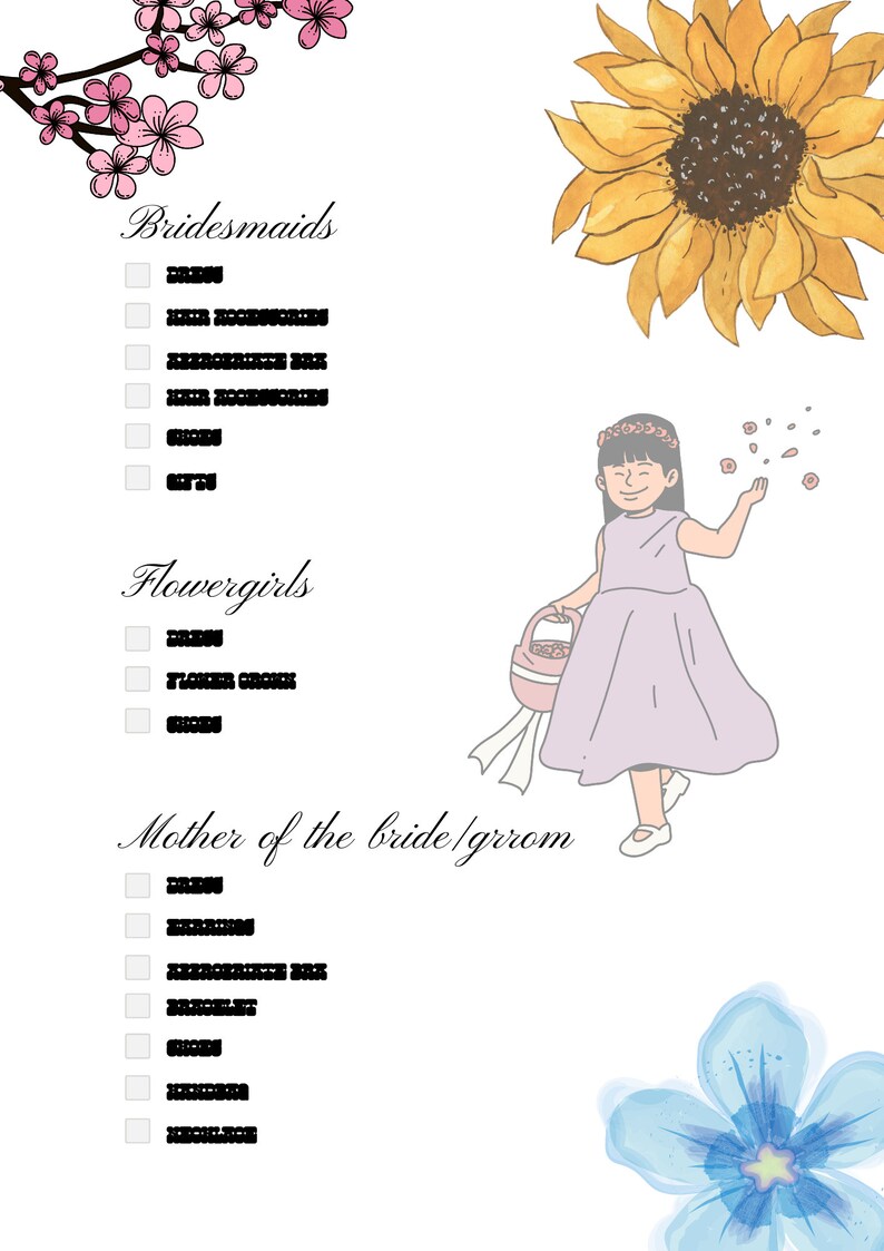 May include: A checklist for a wedding party with the words "Bridesmaids", "Flowergirls", and "Mother of the bride/groom" written in cursive. There are checkboxes next to each role. The image also includes a cartoon illustration of a flower girl in a light purple dress holding a basket of flowers and scattering petals.