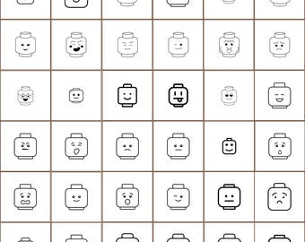 May include: A set of 36 black and white line art icons depicting various facial expressions on a Lego minifigure head. The icons include happy, sad, angry, surprised, and other emotions.