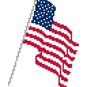 May include: Pixelated American flag with red and white stripes and a blue square field with white stars. The flag is waving on a gray pole against a white background. A patriotic symbol.