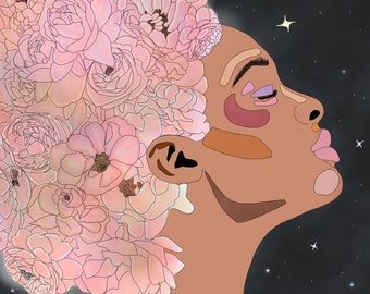 Girl with Flowers in Space Print - Hand Drawn Digital Illustration