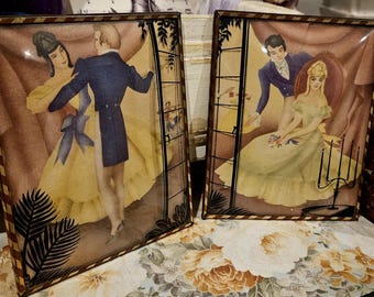 Vintage Reverse Painted Convex Bubble Glass Framed Silhouette Pictures Set Of 2.