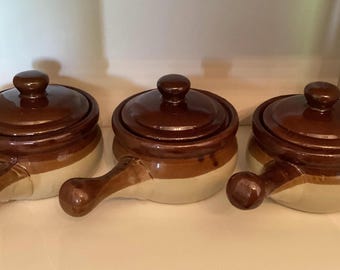Set of 3 Vintage French Onion Soup Crocks Bowls with Lids Brown /Tan Sturdy