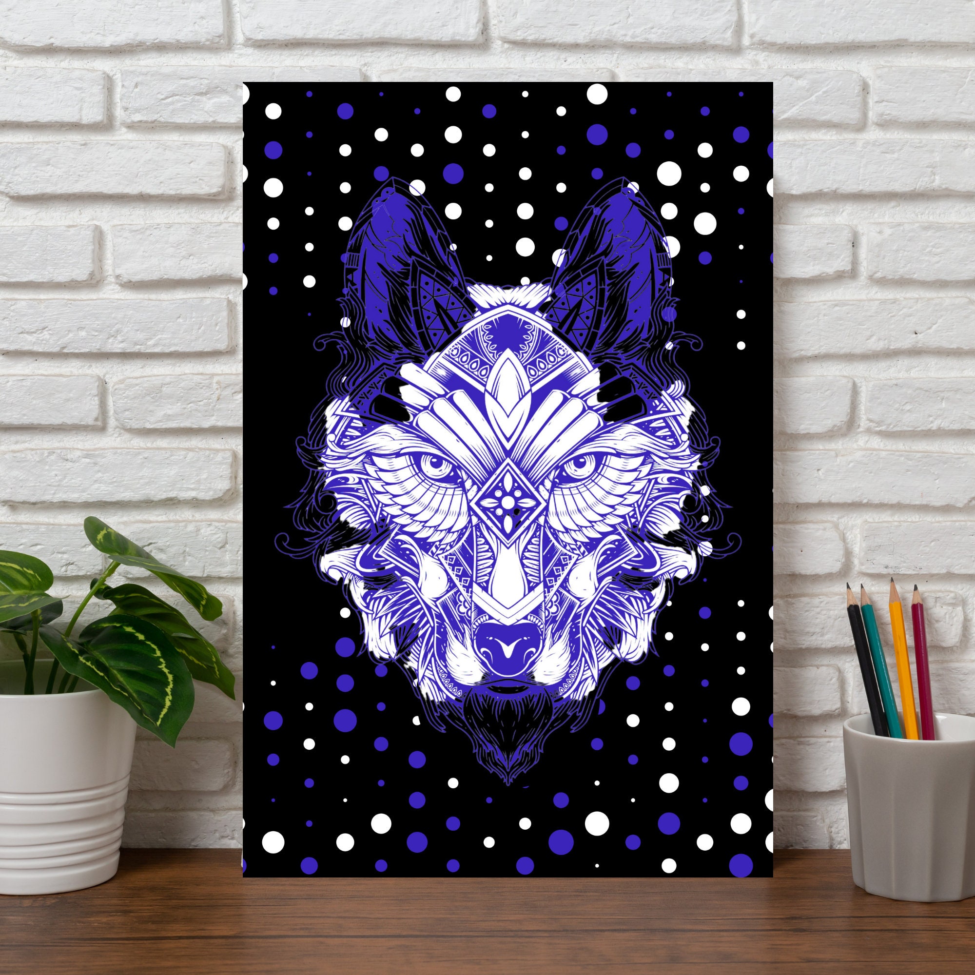 Tableau Loup -Tableau Bleu - Tableau Animal Dessin Stylisé Impression sur Toile Livraison Gratuite -