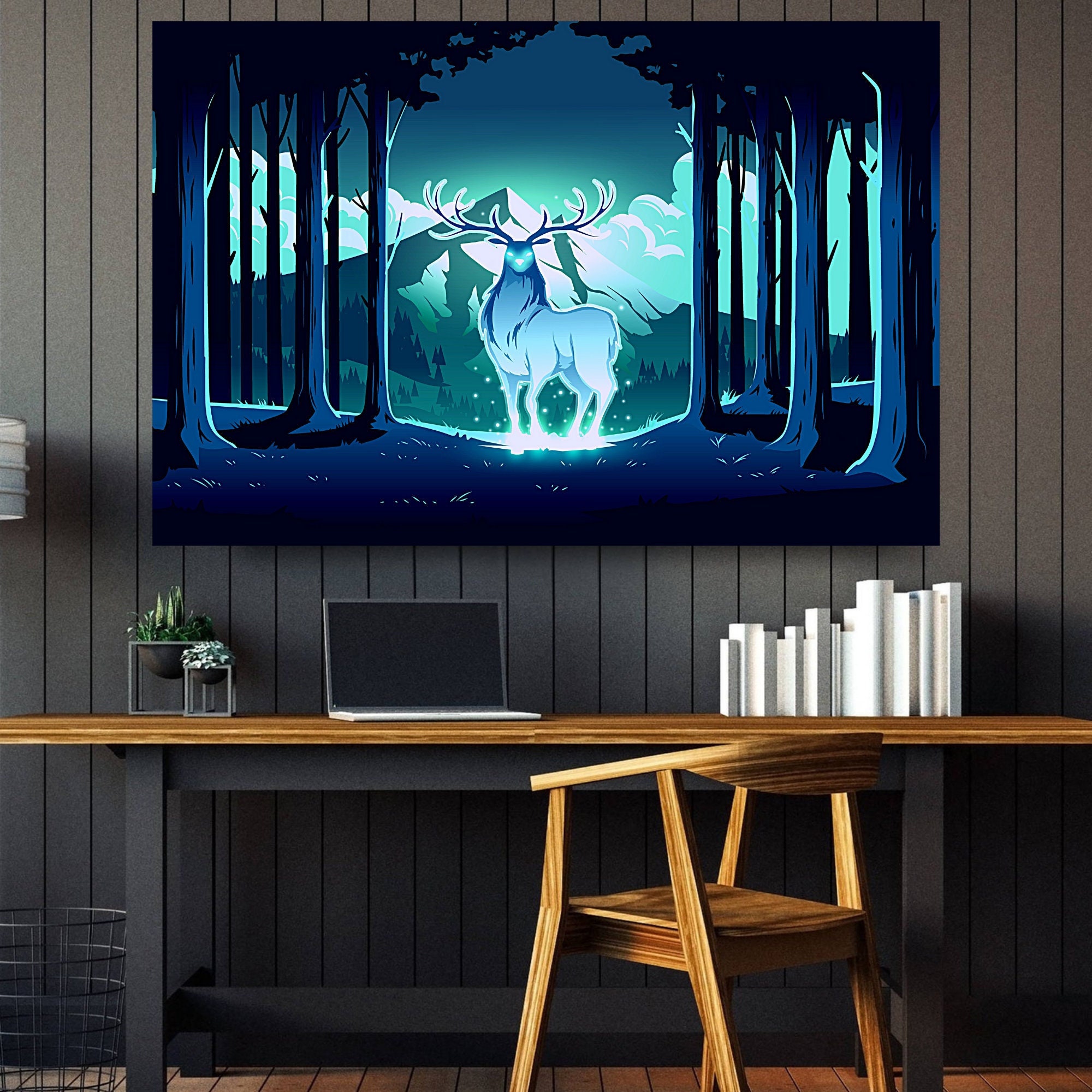 Tableau Cerf Magique - Art Deco Bois Montagne Tableau Nuit Animaux Impression sur Toile Livraison Gr