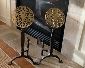 Decorative Antique Virginia Metalcrafters Hammered Andirons With Brass Flower Medallions l Fire Dogs l Fireplace Accessories l Log Holders l