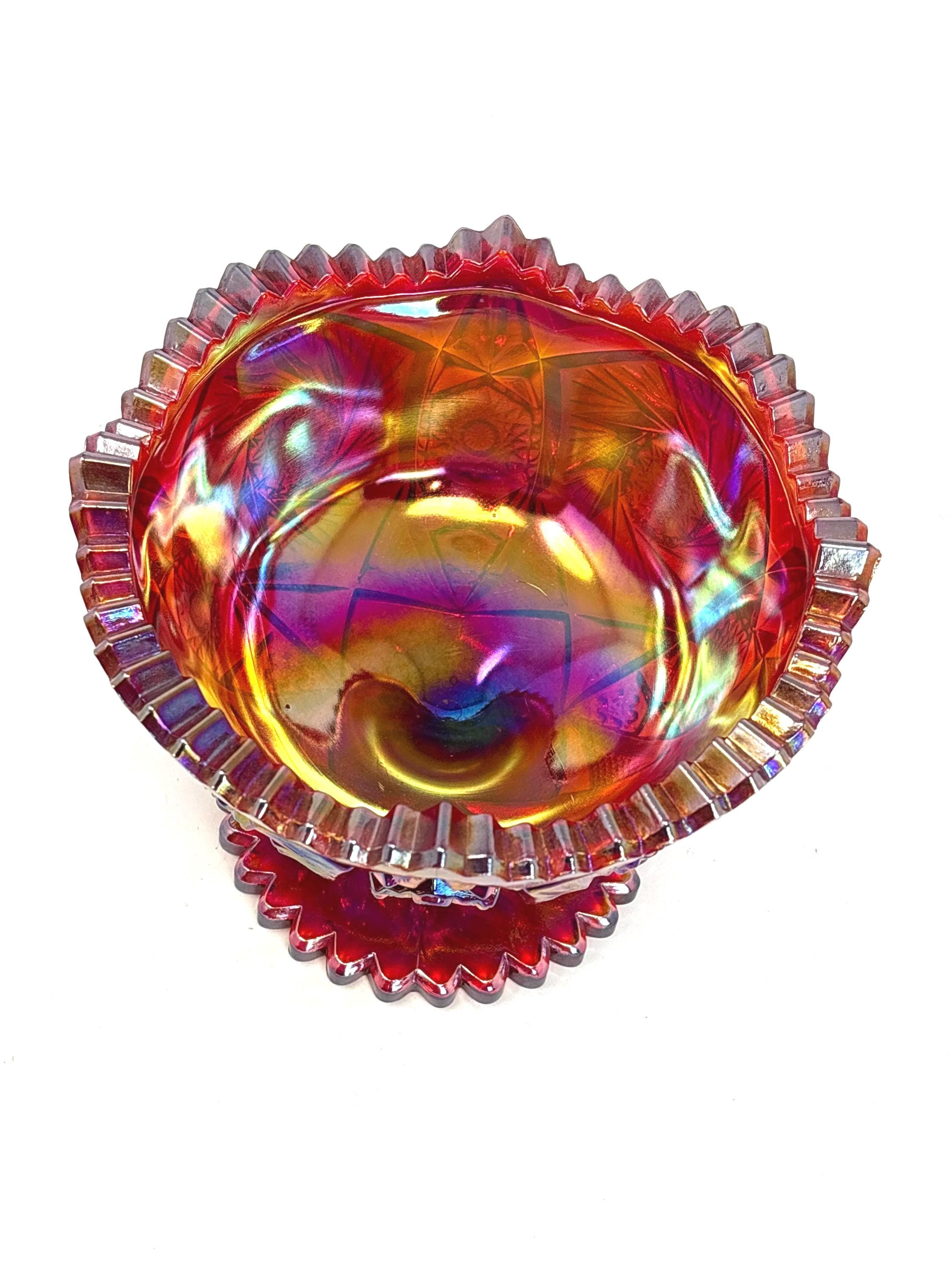 Vintage L.E. Smith Ruby Red Carnival Glass Pedestal Bowl Aztec Pinwheel ...