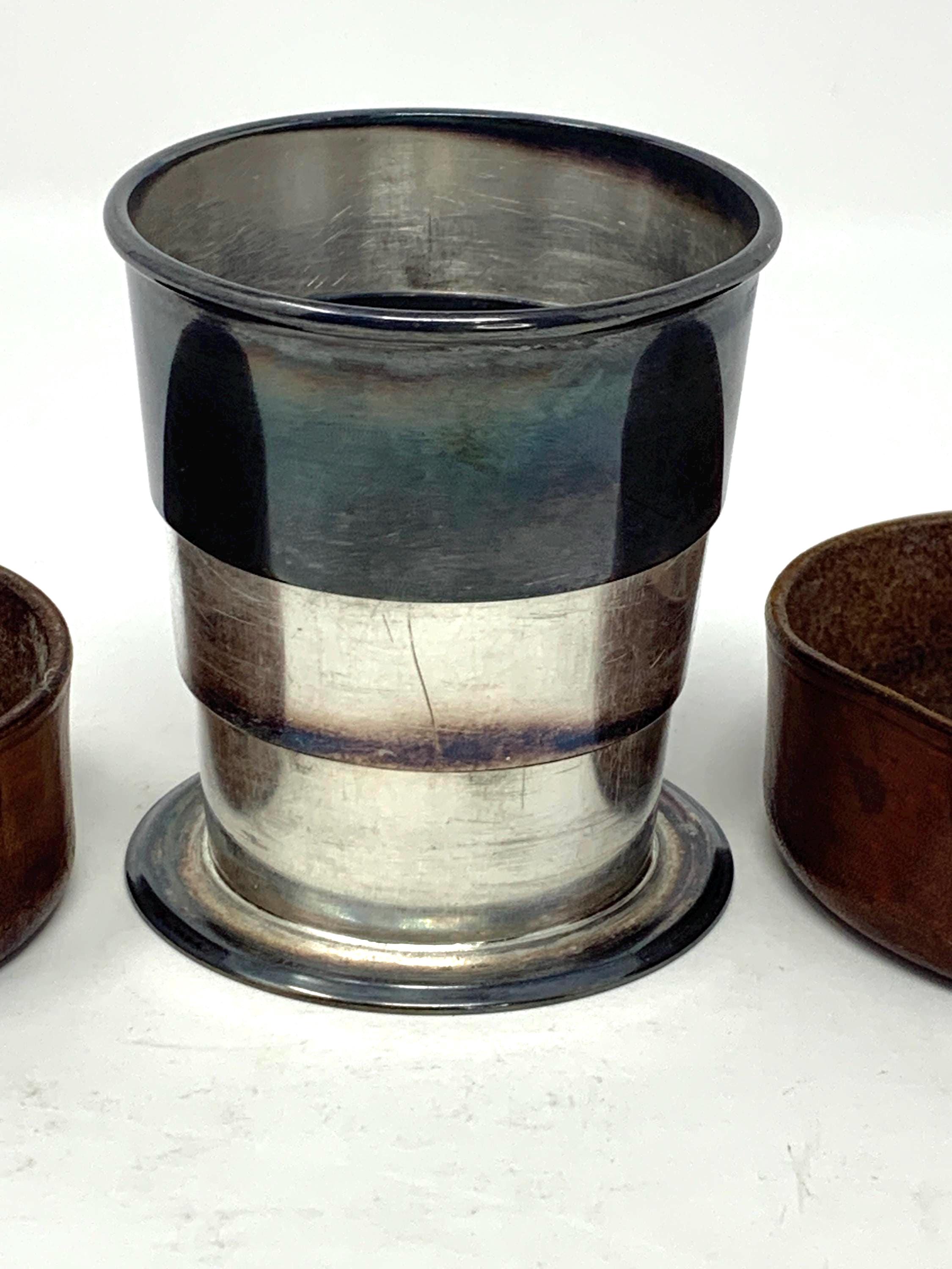 Vintage Wilcox Co Silver Plate Travel Collapsible Cup in Leather
